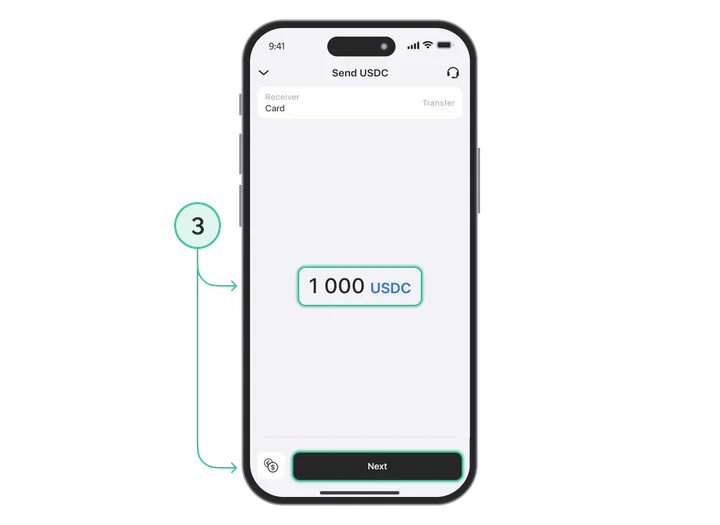 Doładowanie karty USDC: krok — wpisz kwotę doładowania
