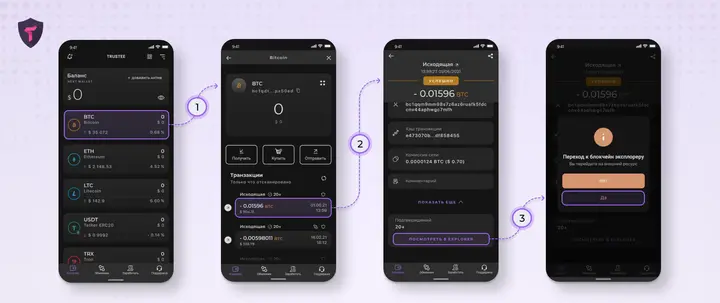 как отследить транзакцию Bitcoin в Trustee Wallet