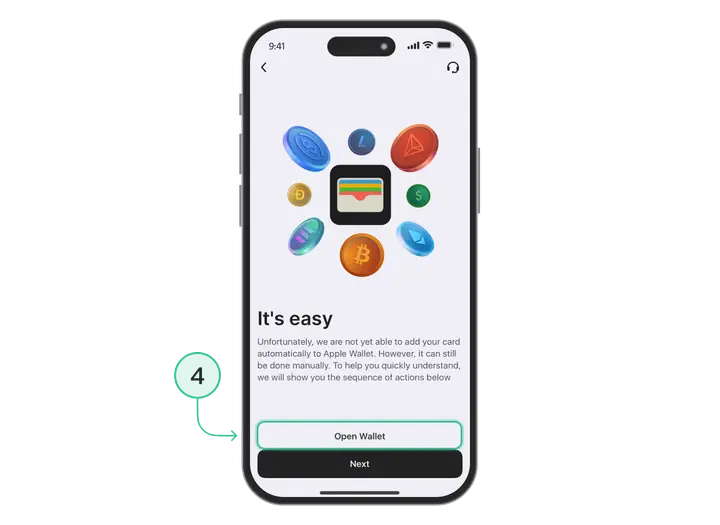 Apple Pay: krok 4 — otwórz Wallet, aby dodać kartę