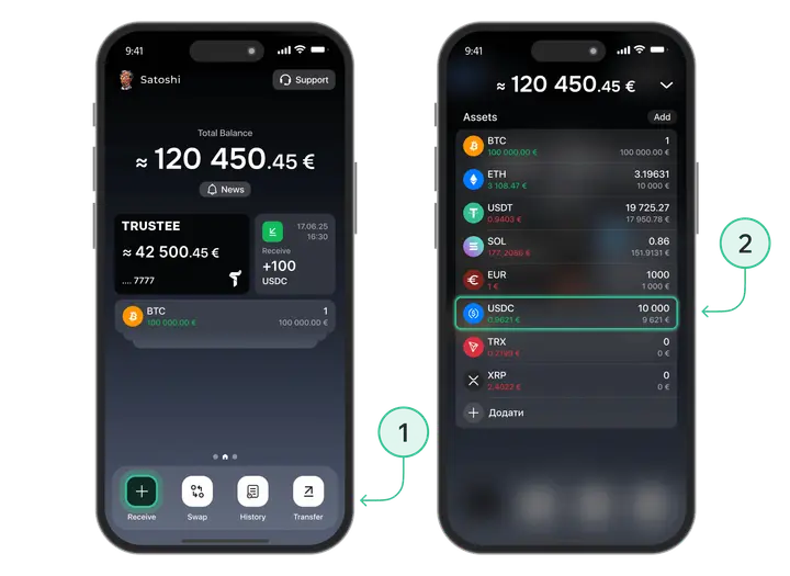 zasilenie portfela USDC adresem kryptowalut i kodem QR