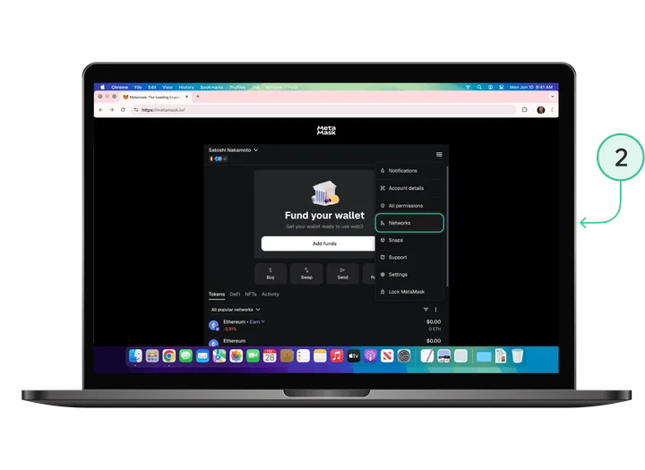 MetaMask: wybór sieci w ustawieniach portfela