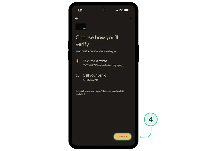 Google Pay: wybór metody weryfikacji — krok 4