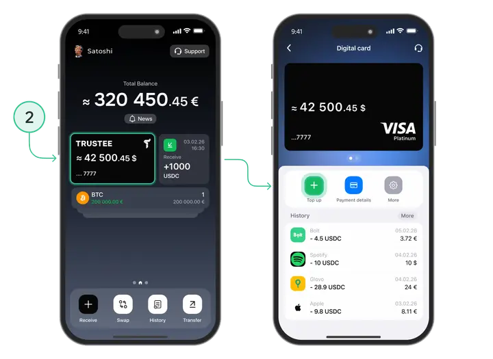 zasilenie karty kryptowalutowej USDC z głównego salda portfela