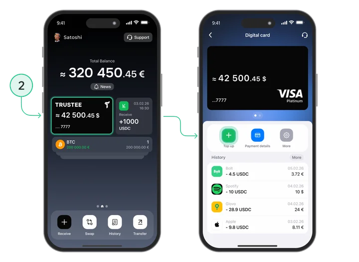 Doładowanie karty kryptowalutowej USDC: krok — otwórz ekran karty